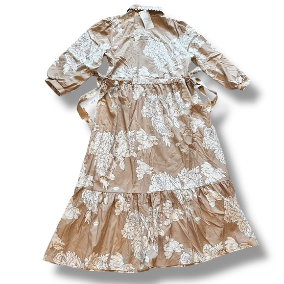 Wenrine Spring Summer Floral Maxi Dress Tie Waist Boho 3/4 Sleeve Neutral Tan B2 - Picture 4 of 9